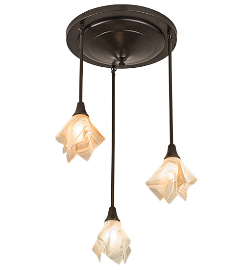 Meyda Lighting Metro 24" 3-Light Craftsman Brown Cascading Pendant Light With Peach Swirl Shade Glass
