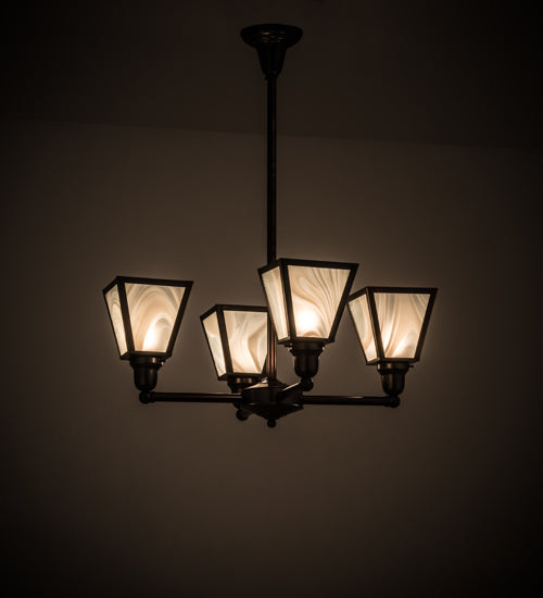 Meyda Lighting Metro 27" 4-Light Weathered Antique Brass Chandelier With White Baroque Shade Glass
