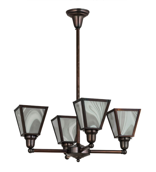Meyda Lighting Metro 27" 4-Light Weathered Antique Brass Chandelier With White Baroque Shade Glass