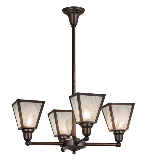 Meyda Lighting Metro 27" 4-Light Weathered Antique Brass Chandelier With White Baroque Shade Glass