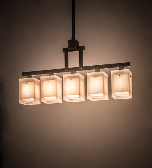 Meyda Lighting Metro 55" 5-Light Golden Bronze Quadrato Island Pendant Light With Beige & White Textrene Shade