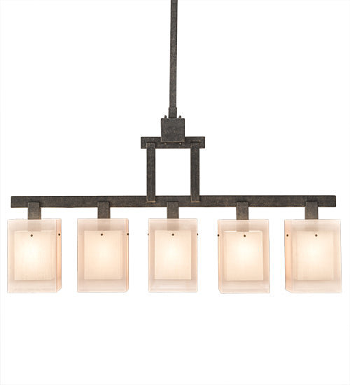 Meyda Lighting Metro 55" 5-Light Golden Bronze Quadrato Island Pendant Light With Beige & White Textrene Shade