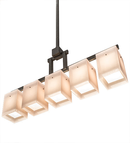 Meyda Lighting Metro 55" 5-Light Golden Bronze Quadrato Island Pendant Light With Beige & White Textrene Shade