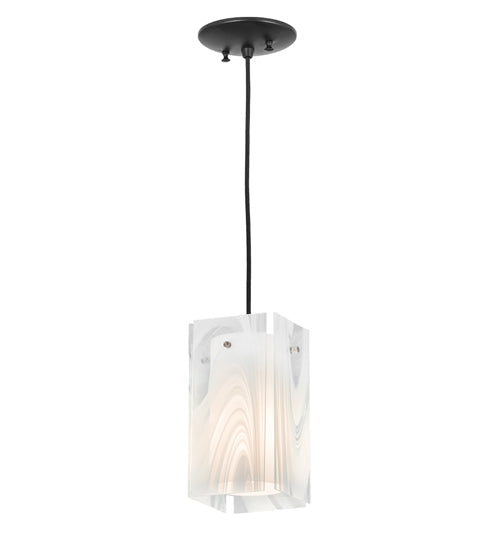 Meyda Lighting Metro 6" Textured Black Blanco Swirl Quadrato Mini Pendant Light With White & Clear Shade Glass
