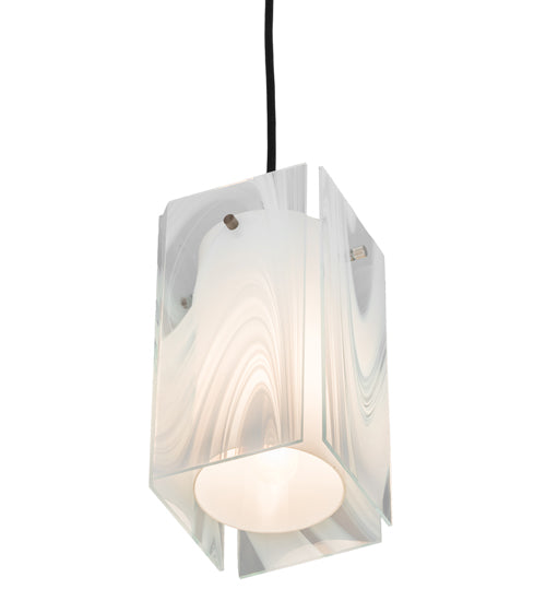 Meyda Lighting Metro 6" Textured Black Blanco Swirl Quadrato Mini Pendant Light With White & Clear Shade Glass
