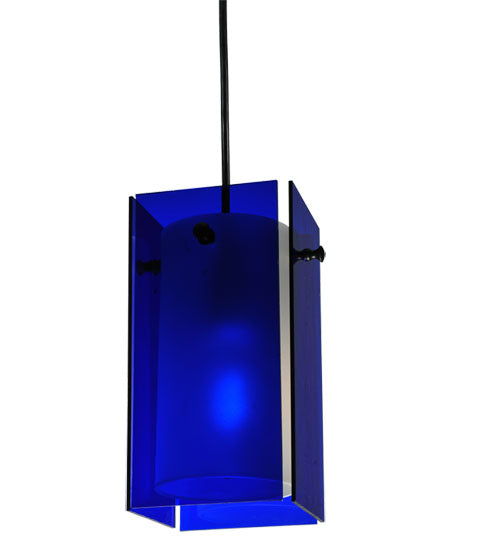 Meyda Lighting Metro 7" Black Mini Pendant Light With Blue Quadrato Shade Glass