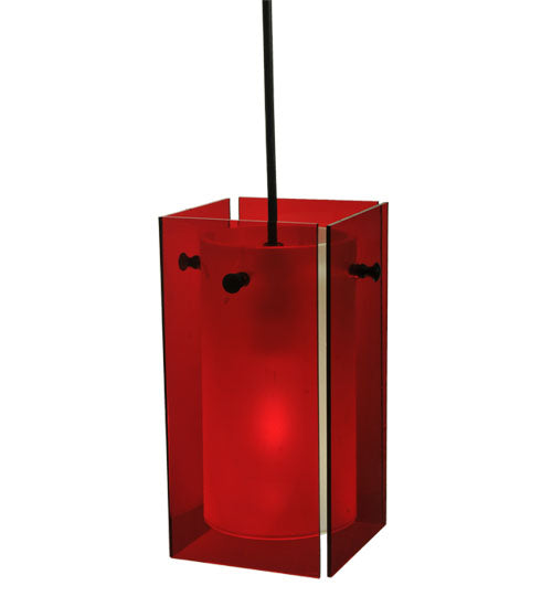 Meyda Lighting Metro 7" Black Mini Pendant Light With Red Quadrato Shade Glass