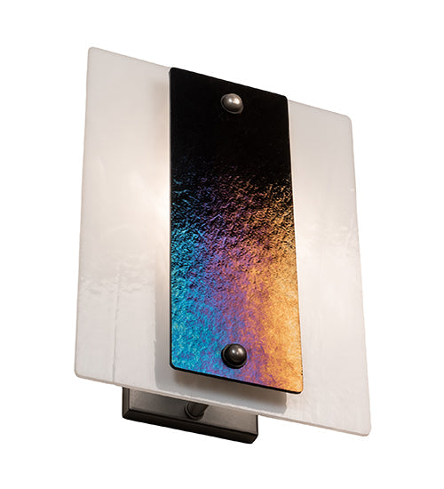 Meyda Lighting Metro 9" Nickel Aurora Borealis Wall Sconce With White Opal & Black Iridescent Shade Glass