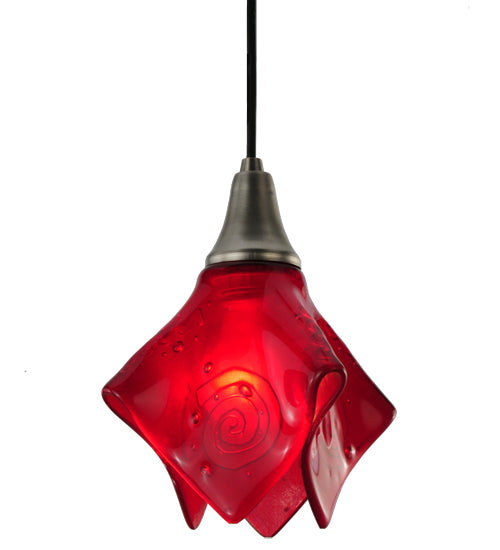 Meyda Lighting Metro Fusion 10" Brushed Nickel Super Nova Mini Pendant Light With Red Bas Relief Shade Glass