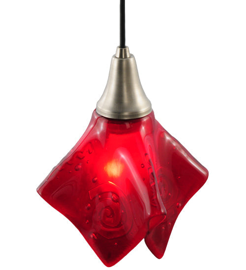 Meyda Lighting Metro Fusion 10" Brushed Nickel Super Nova Mini Pendant Light With Red Bas Relief Shade Glass