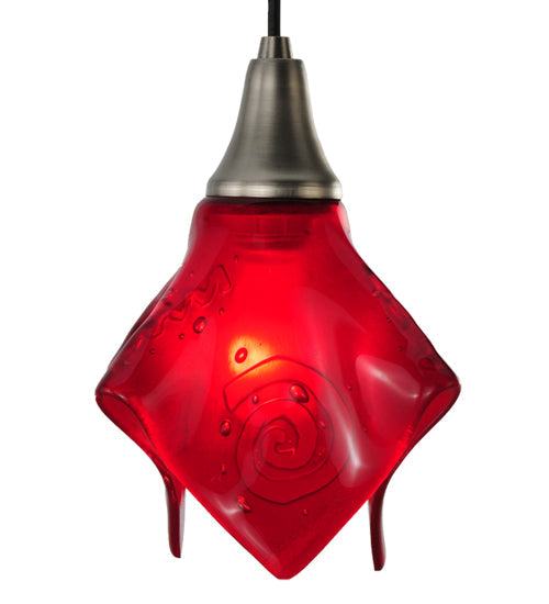 Meyda Lighting Metro Fusion 10" Brushed Nickel Super Nova Mini Pendant Light With Red Bas Relief Shade Glass