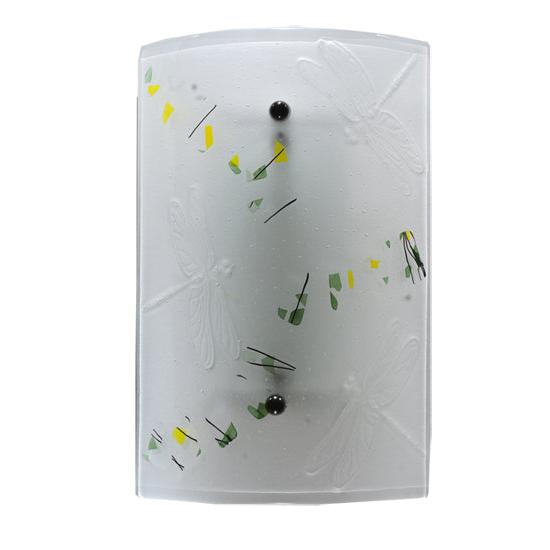 Meyda Lighting Metro Fusion 10" Metal Bel Volo Wall Sconce With White Dragonfly and Green Confetti Shade Glass