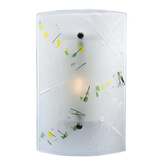 Meyda Lighting Metro Fusion 10" Metal Bel Volo Wall Sconce With White Dragonfly and Green Confetti Shade Glass