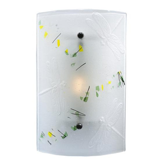 Meyda Lighting Metro Fusion 10" Metal Bel Volo Wall Sconce With White Dragonfly and Green Confetti Shade Glass