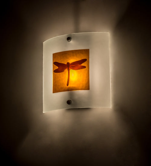 Meyda Lighting Metro Fusion 11" Nickel Dragonfly Wall Sconce With Amber & Frosted Clear Shade Glass