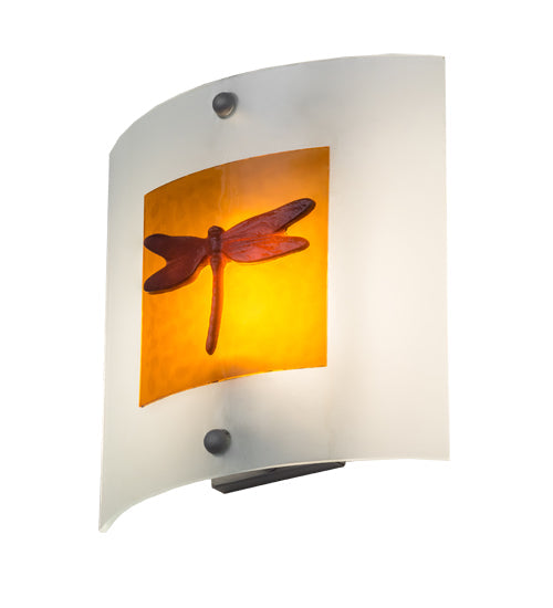 Meyda Lighting Metro Fusion 11" Nickel Dragonfly Wall Sconce With Amber & Frosted Clear Shade Glass