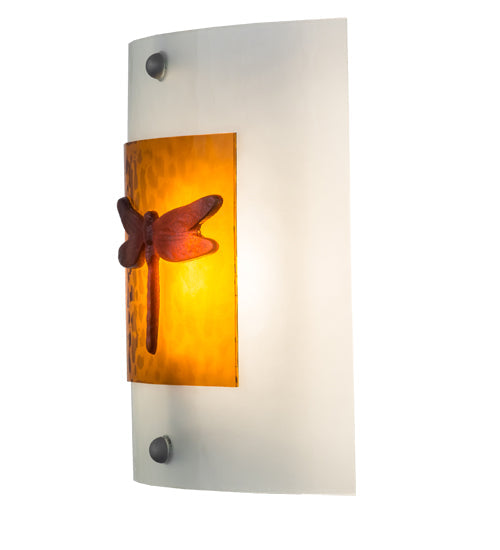Meyda Lighting Metro Fusion 11" Nickel Dragonfly Wall Sconce With Amber & Frosted Clear Shade Glass