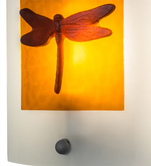 Meyda Lighting Metro Fusion 11" Nickel Dragonfly Wall Sconce With Amber & Frosted Clear Shade Glass