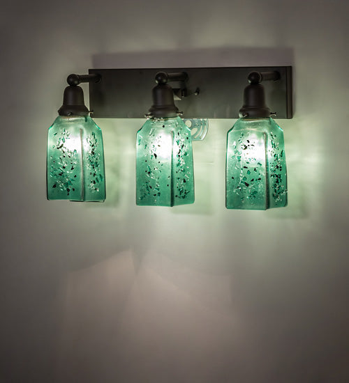 Meyda Lighting Metro Fusion 24" 3-Light Oil Rubbed Bronze Seaglass Vanity Light With Green & Black Frit Draped Shade Glass