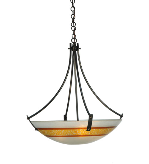 Meyda Lighting Metro Fusion 26" 4-Light Craftsman Brown Saturno Inverted Pendant Light With White & Amber Shade Glass