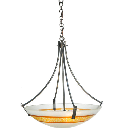 Meyda Lighting Metro Fusion 26" 4-Light Craftsman Brown Saturno Inverted Pendant Light With White & Amber Shade Glass
