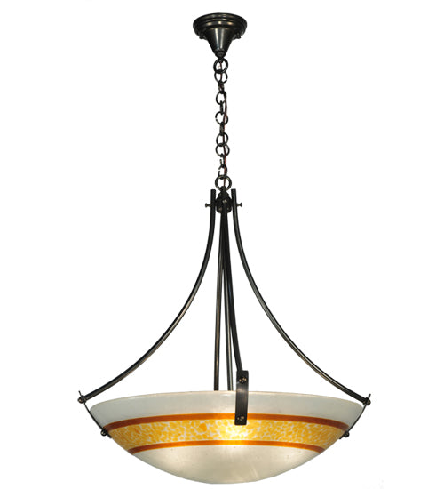 Meyda Lighting Metro Fusion 26" 4-Light Craftsman Brown Saturno Inverted Pendant Light With White & Amber Shade Glass