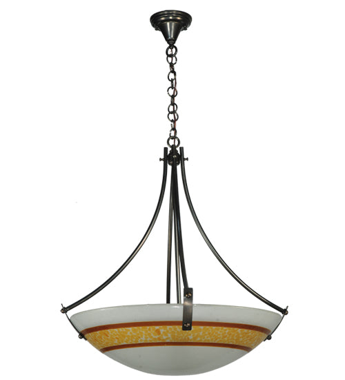 Meyda Lighting Metro Fusion 26" 4-Light Craftsman Brown Saturno Inverted Pendant Light With White & Amber Shade Glass