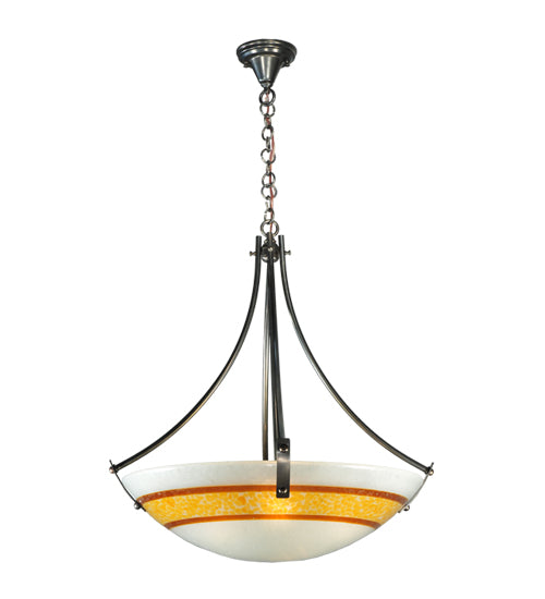 Meyda Lighting Metro Fusion 26" 4-Light Craftsman Brown Saturno Inverted Pendant Light With White & Amber Shade Glass