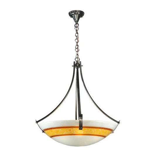 Meyda Lighting Metro Fusion 26" 4-Light Craftsman Brown Saturno Inverted Pendant Light With White & Amber Shade Glass