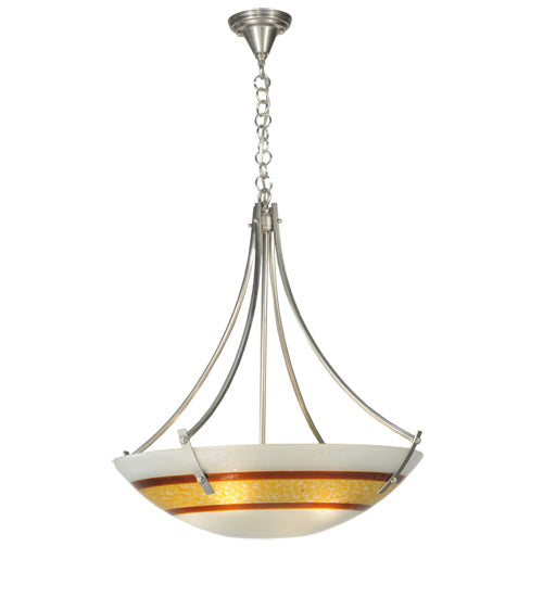 Meyda Lighting Metro Fusion 26" 4-Light Silver Saturno Inverted Pendant Light With Amber & White Shade Glass