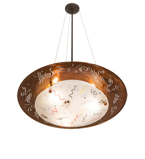 Meyda Lighting Metro Fusion 31" 3-Light Transparent Copper & Oil Rubbed Bronze Super Nova Inverted Pendant Light With Frosted Clear Shade Glass