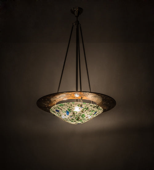 Meyda Lighting Metro Fusion 31" 3-Light Transparent Copper Super Nova Inverted Pendant Light With Multi-Colored Fused Shade Glass