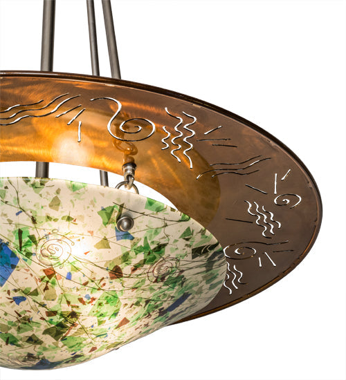 Meyda Lighting Metro Fusion 31" 3-Light Transparent Copper Super Nova Inverted Pendant Light With Multi-Colored Fused Shade Glass
