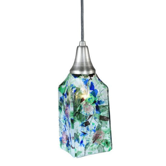 Meyda Lighting Metro Fusion 5" Antique Nickel Fiddleheads Mini Pendant Light With Multi-Colored Shade Glass