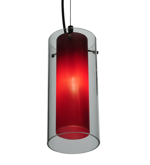 Meyda Lighting Metro Fusion 5" Nickel Powder Coat Mercury Cilindro Mini Pendant Light With Clear and Red Shade Glass