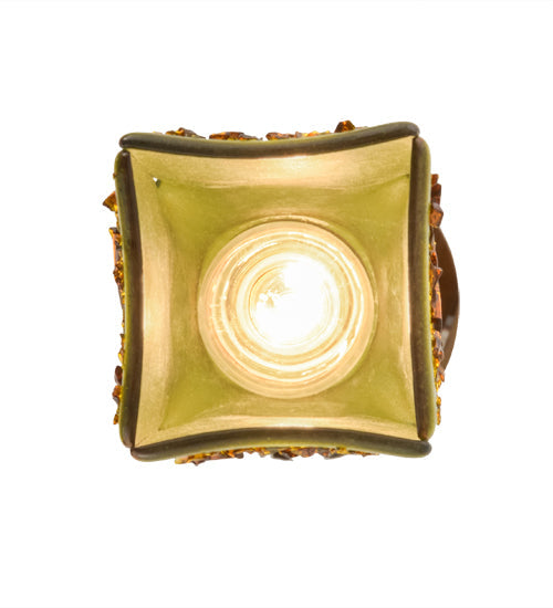 Meyda Lighting Metro Fusion 6" Craftsman Brown Distressed Draped Mini Pendant Light With Celadon Green & Amber Frit Shade Glass