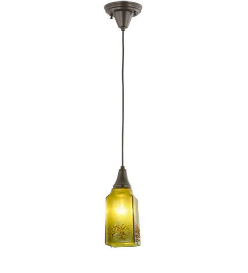 Meyda Lighting Metro Fusion 6" Craftsman Brown Distressed Draped Mini Pendant Light With Celadon Green & Amber Frit Shade Glass