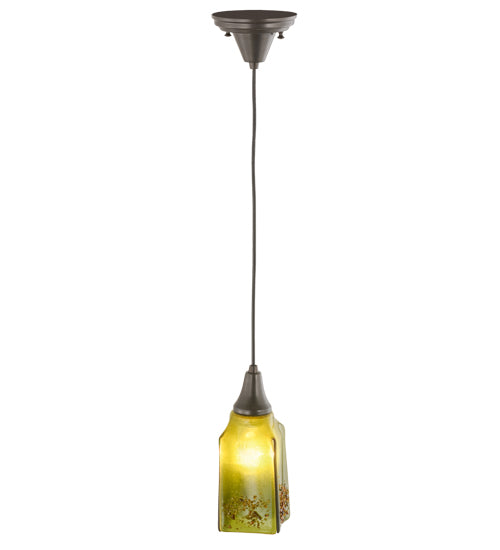 Meyda Lighting Metro Fusion 6" Craftsman Brown Distressed Draped Mini Pendant Light With Celadon Green & Amber Frit Shade Glass