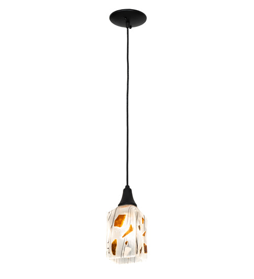 Meyda Lighting Metro Fusion 6" Textured Black Mini Pendant Light With White & Brown Shade Glass