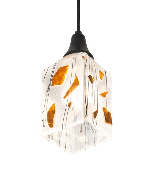 Meyda Lighting Metro Fusion 6" Textured Black Mini Pendant Light With White & Brown Shade Glass