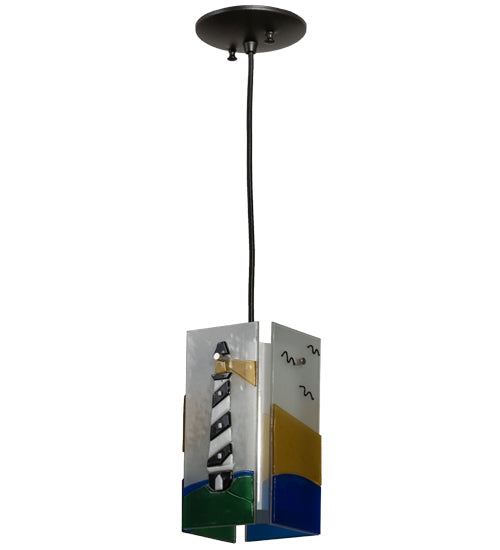 Meyda Lighting Metro Fusion 7" Black Lighthouse Quadrato Mini Pendant Light With Multi-Colored Shade Glass