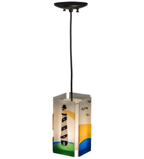 Meyda Lighting Metro Fusion 7" Black Lighthouse Quadrato Mini Pendant Light With Multi-Colored Shade Glass