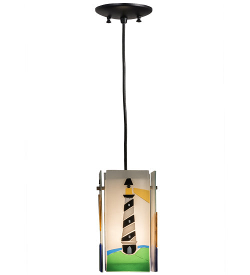 Meyda Lighting Metro Fusion 7" Black Lighthouse Quadrato Mini Pendant Light With Multi-Colored Shade Glass