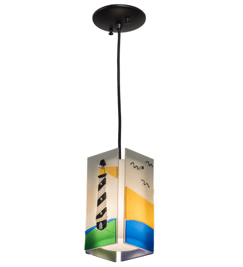 Meyda Lighting Metro Fusion 7" Black Lighthouse Quadrato Mini Pendant Light With Multi-Colored Shade Glass