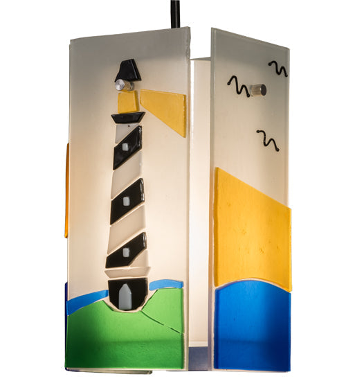 Meyda Lighting Metro Fusion 7" Black Lighthouse Quadrato Mini Pendant Light With Multi-Colored Shade Glass