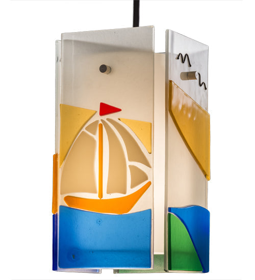 Meyda Lighting Metro Fusion 7" Black Lighthouse Quadrato Mini Pendant Light With Multi-Colored Shade Glass