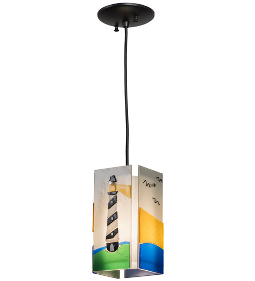 Meyda Lighting Metro Fusion 7" Black Lighthouse Quadrato Mini Pendant Light With Multi-Colored Shade Glass