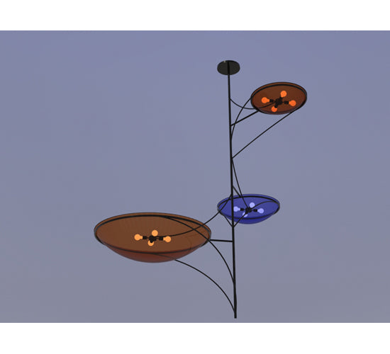 Meyda Lighting Metro Fusion 86" 14-Light 3-Arm Solar Black The Third Demension Chandelier With Multi-Colored Shade Glass