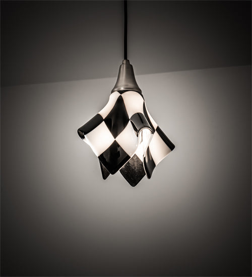 Meyda Lighting Metro Fusion 9" Brushed Nickel Handkerchief Grand Prix Mini Pendant Light With Black & White Shade Glass