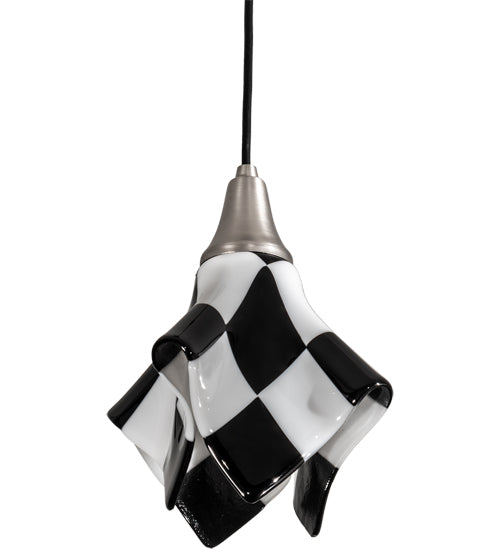 Meyda Lighting Metro Fusion 9" Brushed Nickel Handkerchief Grand Prix Mini Pendant Light With Black & White Shade Glass